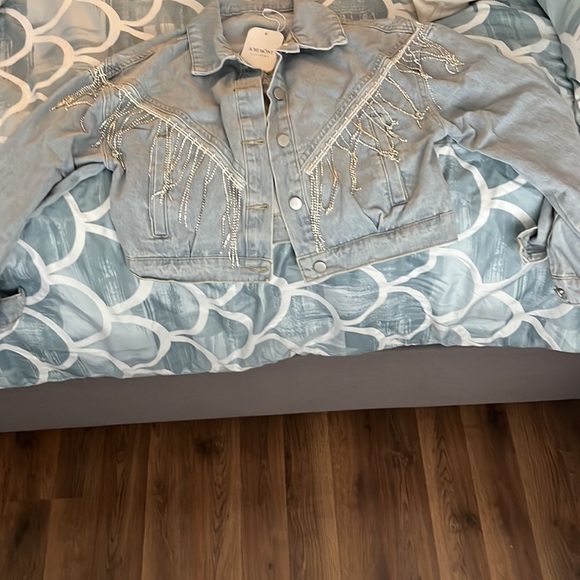 Joiemont Womens Denim Jacket with Fringe Rhinestones Long Sleeve Jean Coat - Picture 2 of 6